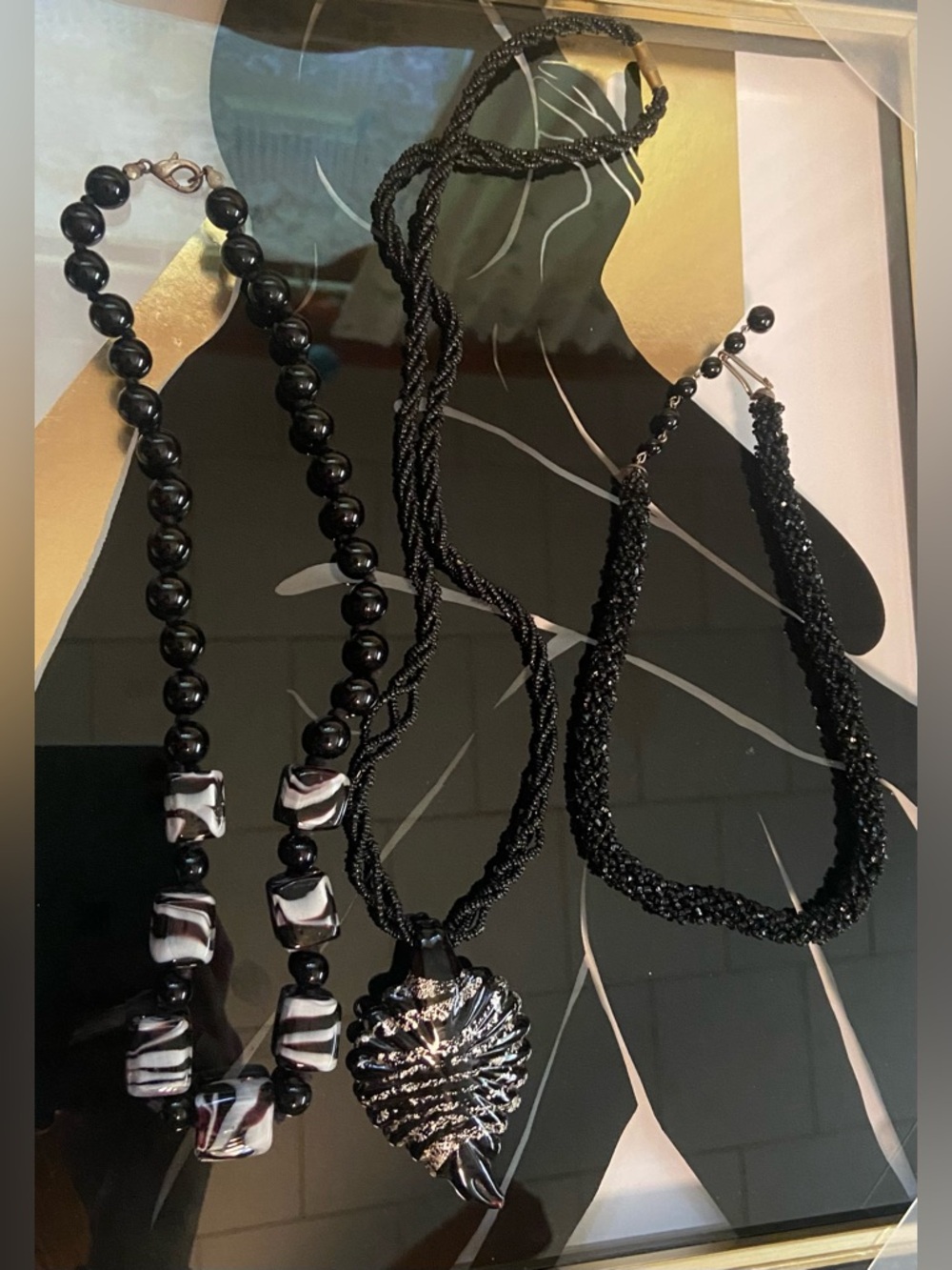 3 Vintage Black Glass Beaded Necklaces #135